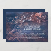 Invitation Arbre Rustique Chaîne Lumières Mariage Bleu Forêt (Devant / Derrière)