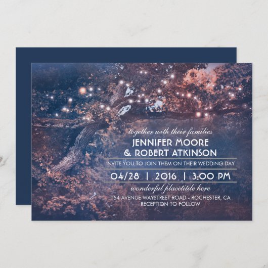Invitation Arbre Rustique Chaîne Lumières Mariage Bleu Forêt (Devant / Derrière)