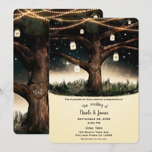 Invitation Arbre rustique de nuit avec lumières et mariés aux (Devant / Derrière)