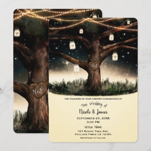 Invitation Arbre rustique de nuit avec lumières et mariés aux