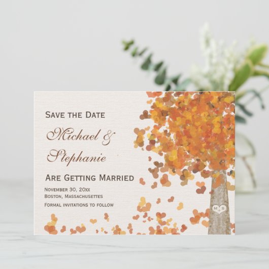 Invitation Arbre sculpté automne Enregistrer la date Mariage  (Debout devant)