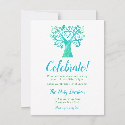 Invitation Arbre vert turquoise d'aquarelle de réception de (Devant)