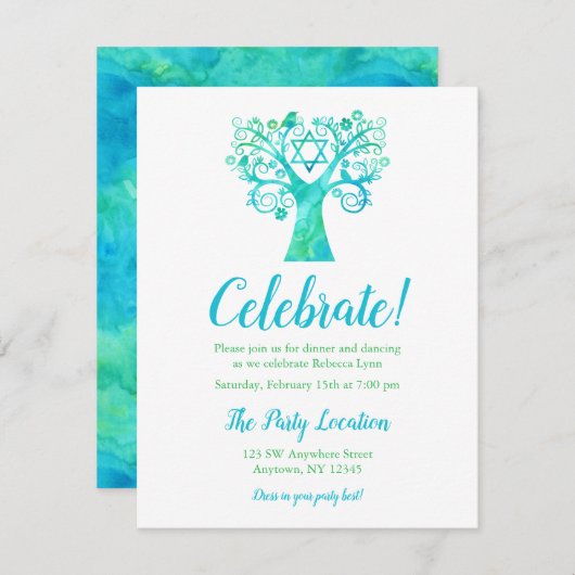 Invitation Arbre vert turquoise d'aquarelle de réception de (Devant / Derrière)