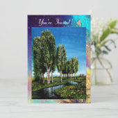 Invitation ARBRES À FEUILLES DANS LA TOSCANE, bleu vert or sc (Debout devant)