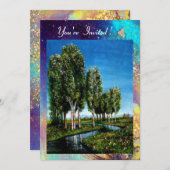 Invitation ARBRES À FEUILLES TOSCANE, paillettes bleues vert (Devant / Derrière)