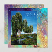 Invitation ARBRES DE BIRCH EN TOSCANE, étincelles bleu vert o (Devant / Derrière)