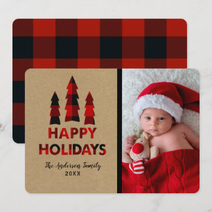 Invitation Arbres de Noël Joyeux Noël carreaux rouges Kraft