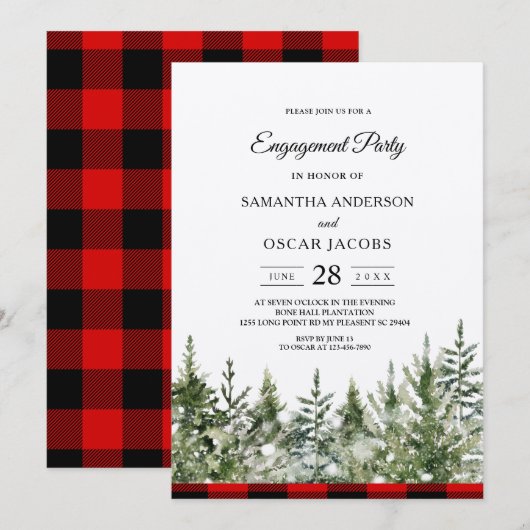 Invitation Arbres de pin aquarelle Kraft & carreaux de bison (Devant / Derrière)