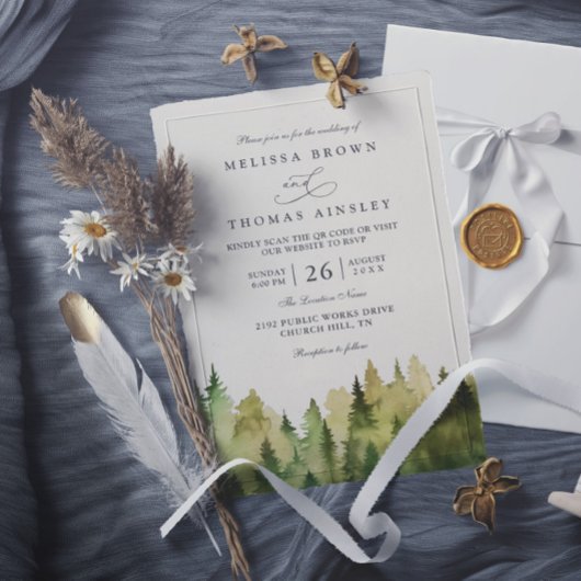 Invitation Arbres Forêt de Pins Rustique Élégant Code QR Mari
