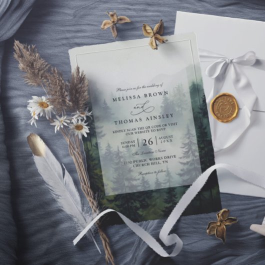 Invitation Arbres Pin Forêt Rustique Élégant Code QR Mariage