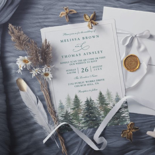Invitation Arbres Pin Forêt Rustique Élégant Code QR Mariage