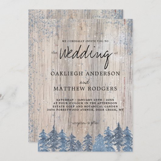 Invitation Arbres rustiques Snowy Mariage de forêt d'hiver (Devant / Derrière)