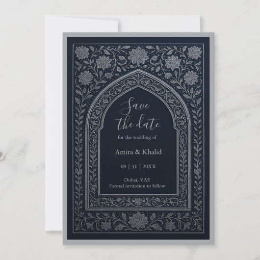 Invitation Arc arabe marine argent mariage enregistrer la dat (Devant)