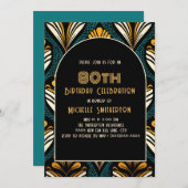 Invitation Arc Art Déco Turquoise Jaune Noir 80e anniversaire (Devant / Derrière)