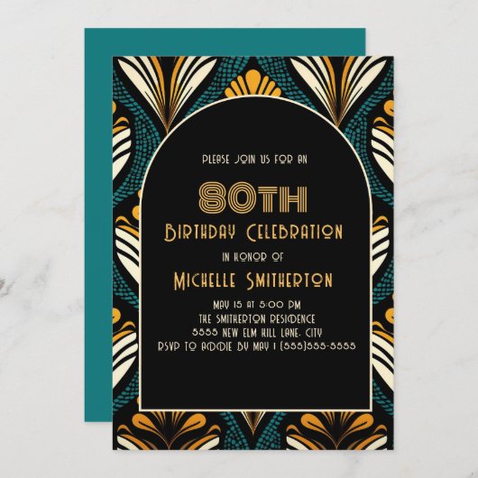 Invitation Arc Art Déco Turquoise Jaune Noir 80e anniversaire (Devant / Derrière)