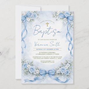 Invitation Arc baptismal floral bleu poussiéreux