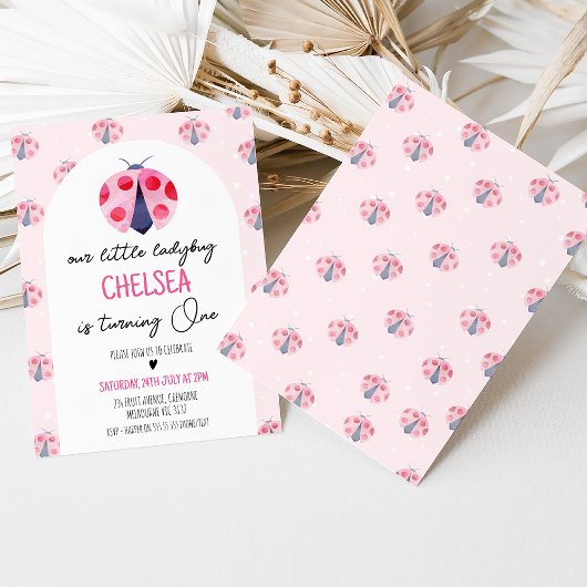 Invitation Arc blanc moderne Pink Ladybug 1er anniversaire