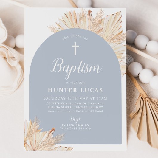 Invitation Arc bleu Boho Floral Boys Baptême Christening