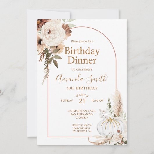 Invitation Arc bohème de citrouille d'automne Fleurs Annivers (Devant)