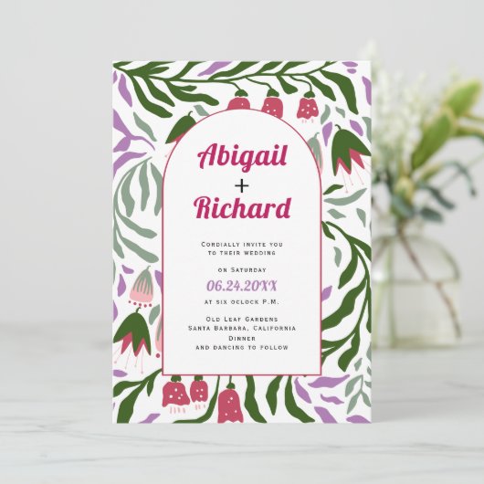 Invitation Arc Boho branches rétro et fleurs mariage (Debout devant)