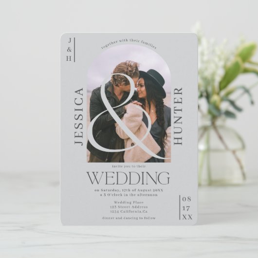 Invitation Arc boho moderne 2 photos gris clair mariage (Debout devant)