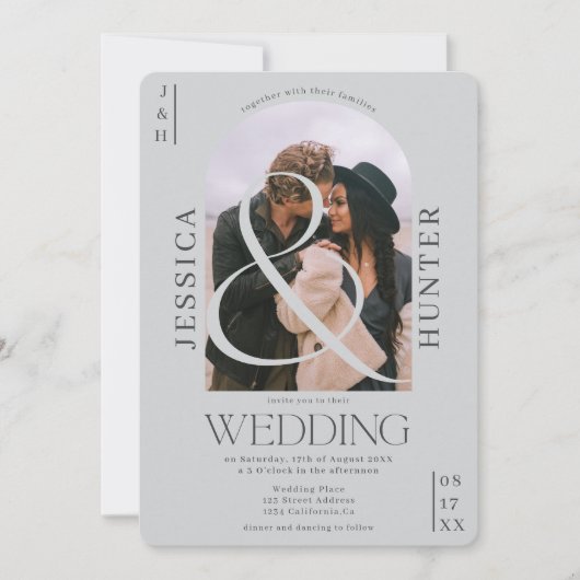 Invitation Arc boho moderne 2 photos gris clair mariage (Devant)
