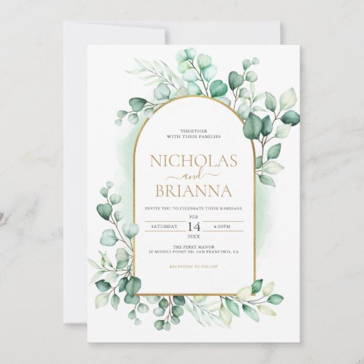 Invitation Arc Boho vert Eucalyptus Mariage or vert (Devant)