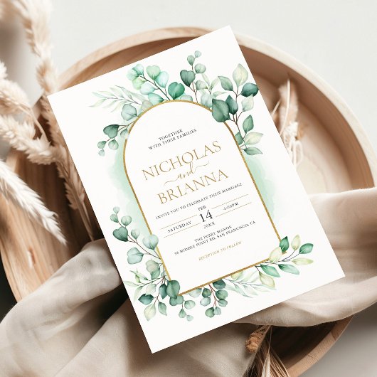 Invitation Arc Boho vert Eucalyptus Mariage or vert