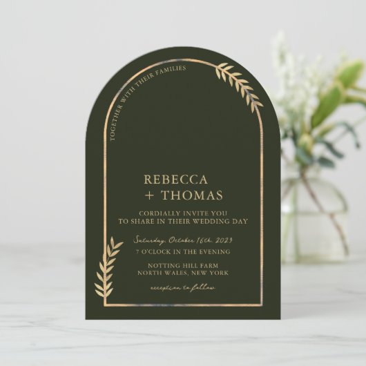Invitation Arc botanique d'or Olive Green Garden Mariage (Debout devant)