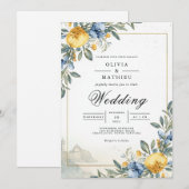 Invitation Arc Botanique Mariage Bleu Jaune (Devant / Derrière)
