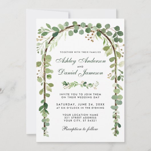 Invitation Arc botanique mariage Eucalyptus vert bois (Devant)