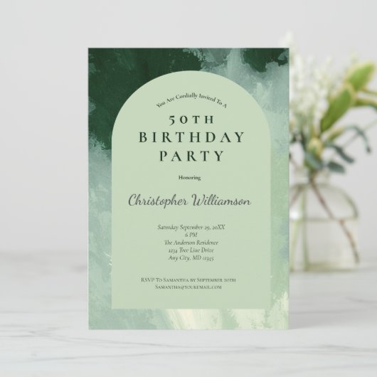 Invitation Arc d'aquarelle vert foncé et mini 50e anniversair (Debout devant)
