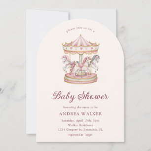 Invitation Arc de Baby Shower Fille Carrousel Rose Pastel