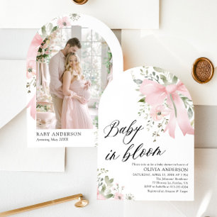 Invitation Arc de Baby Shower Fleurie Bébé Fille au Ruban Ros