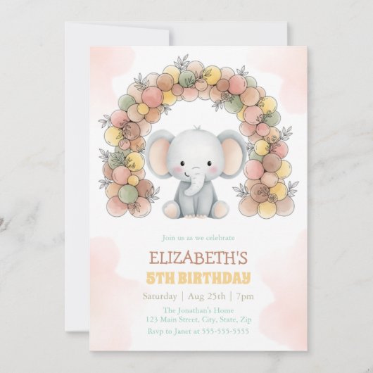 Invitation Arc de ballons éléphant mignon pour fête d'anniver (Devant)