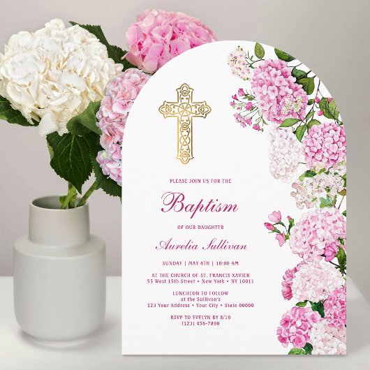 Invitation Arc de baptême d'hortensia rose