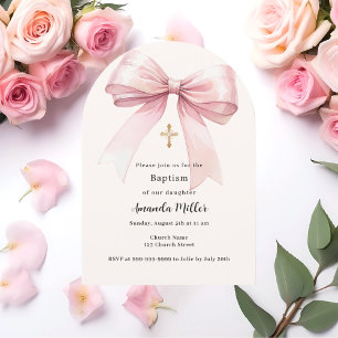 Invitation Arc de baptême fille ruban rose crème