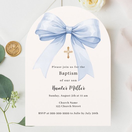 Invitation Arc de baptême garçon crème ruban bleu