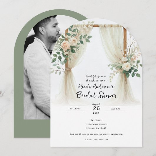 Invitation Arc de bois floral verdure roses Baby Shower (Devant / Derrière)