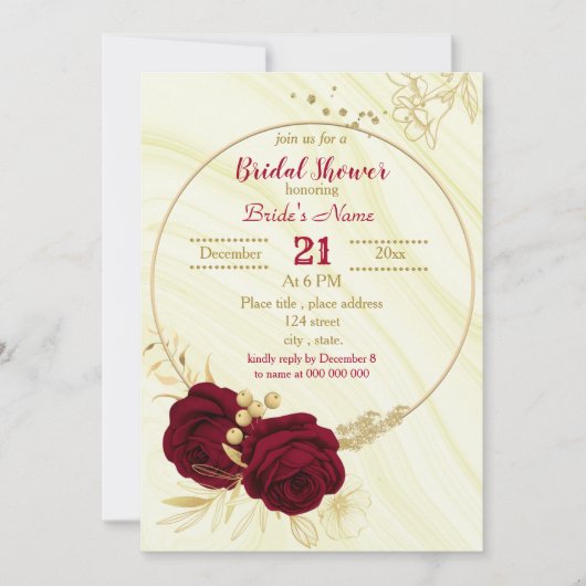 Invitation arc de cercle fleuri en or bordeaux marbre nuptial (Devant)