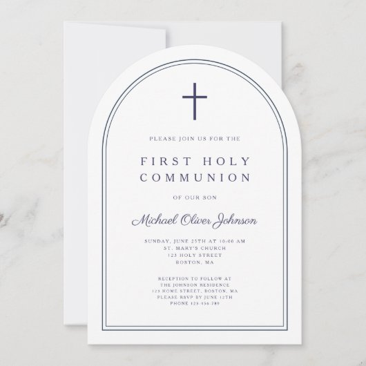 Invitation Arc de communion moderne Cross Navy Blue Boy First (Devant)