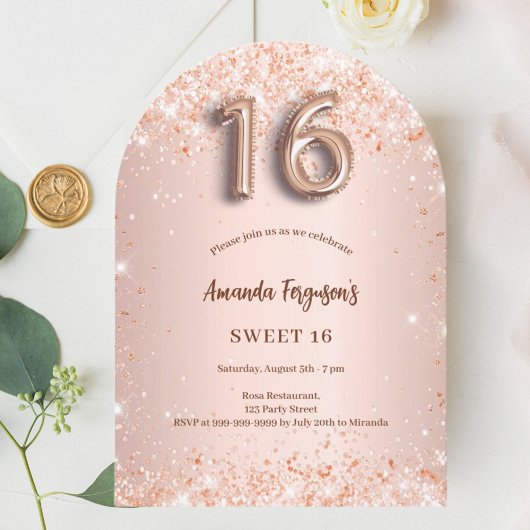 Invitation Arc de confetti rose or doux 16 roses