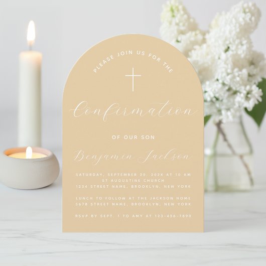 Invitation Arc de confirmation Beige Simple Croix Script Mode