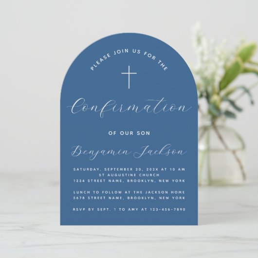 Invitation Arc de confirmation Classique Bleu Simple Script G (Debout devant)