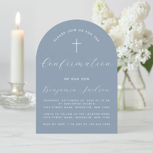 Invitation Arc de confirmation Dusty Bleu Religieux Boy Scrip