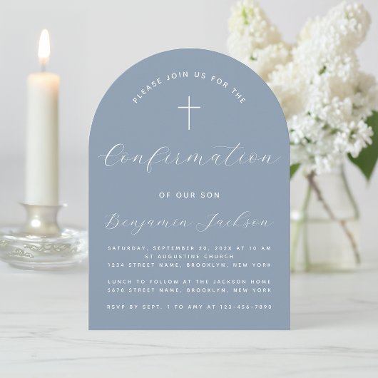 Invitation Arc de confirmation Dusty Bleu Religieux Boy Scrip