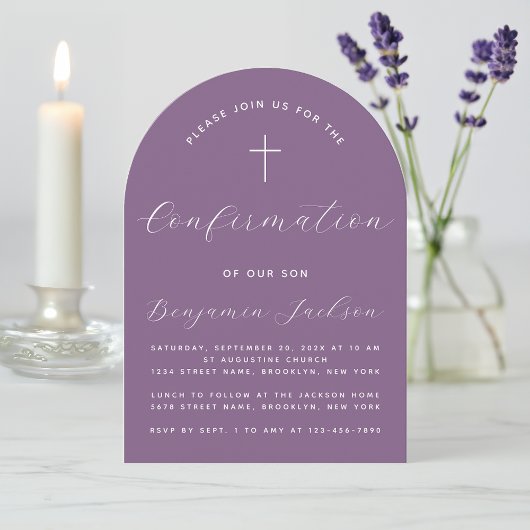 Invitation Arc de confirmation Dusty Purple Script moderne Cr