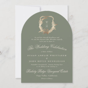 Invitation Arc de crête d'or Monogramme Vert Sage classique