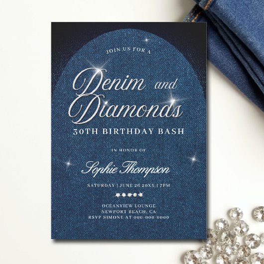 Invitation Arc de diamants de Denim Script 30e fête d'anniver
