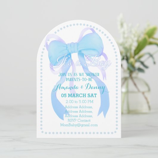 Invitation Arc de douche pour bébé en ruban bleu (Debout devant)
